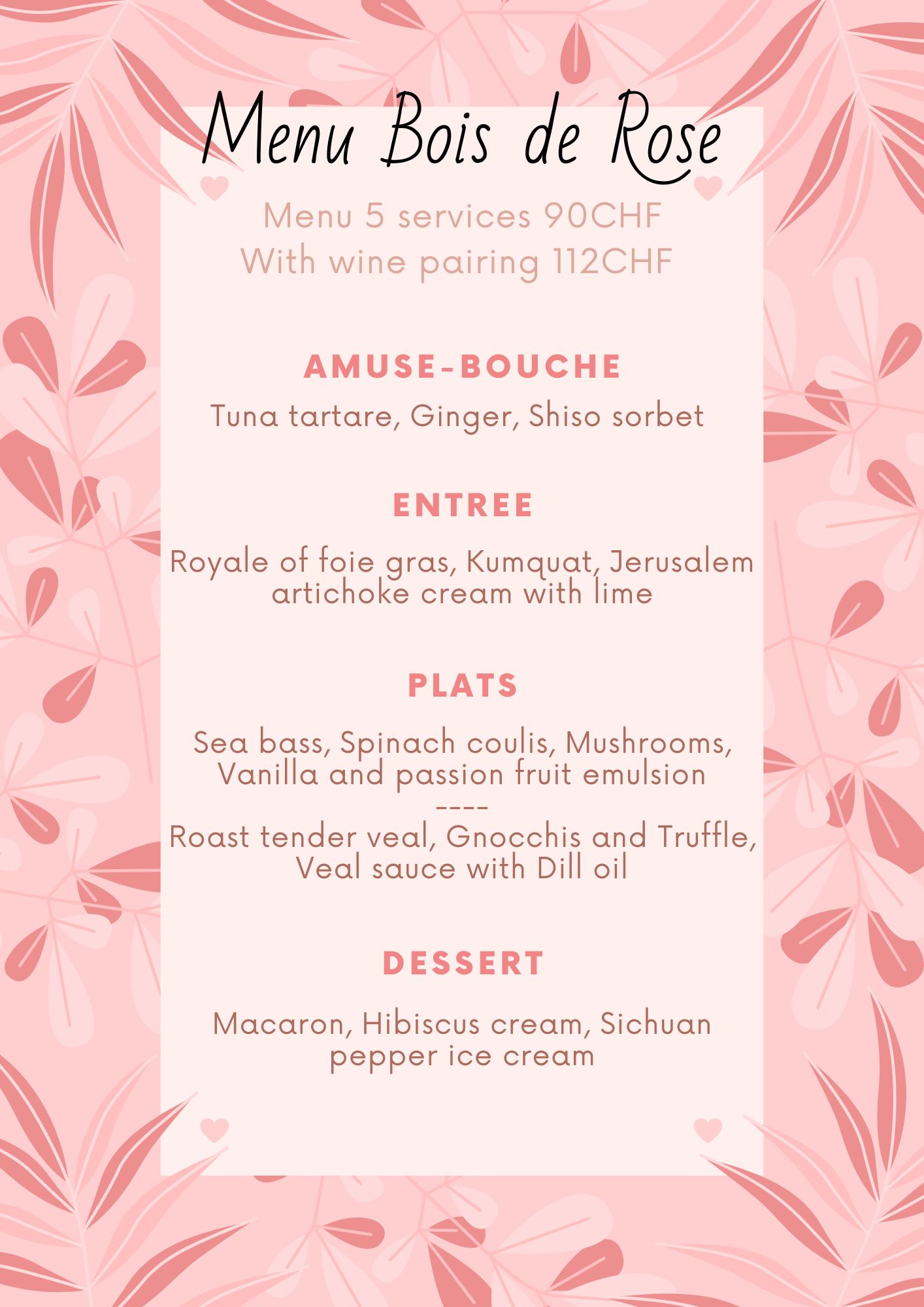 Valentines day menu
